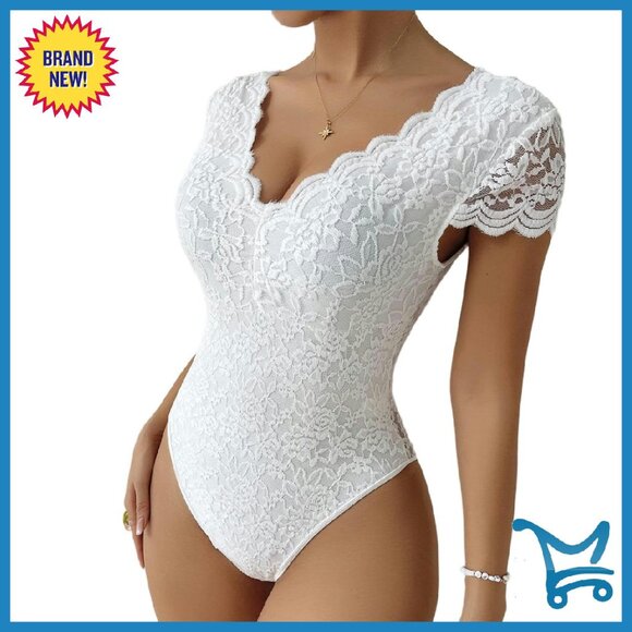 Women's Lace Bodysuit Deep V Neck Short Sleeve Double Lined Sexy